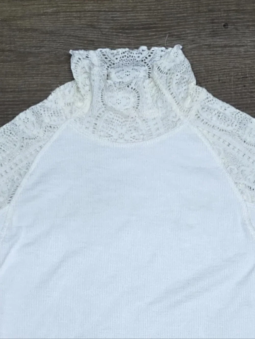 Free People Cream Lace-Trim Long Sleeve Top S